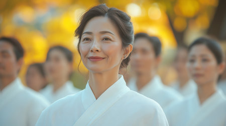 Korean woman in buddhist robe in a temple in South Koreaの素材