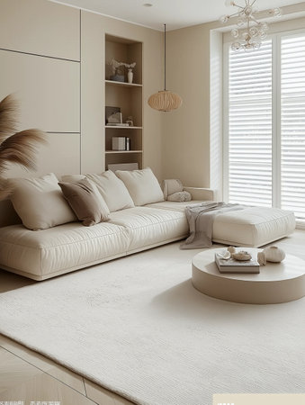 3d rendering of a living room in a modern house with a beige sofaの素材