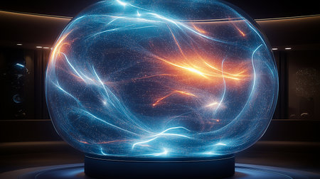 Glowing sphere with glowing lines and dots on dark background. 3D renderingの素材