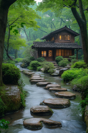 Korean traditional house in the summer forest, south korea.の素材