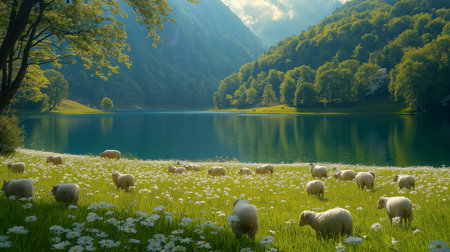 Sheep grazing on a meadow at the lake in the mountainsの素材