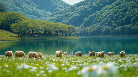 Sheep and daisies on the lake in the morning.の素材
