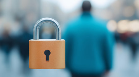 Unlocked padlock on the background of a blurred people in the streetの素材