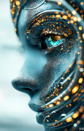 Artificial Intelligence. Close-up of female robot face. 3D rendering.の素材