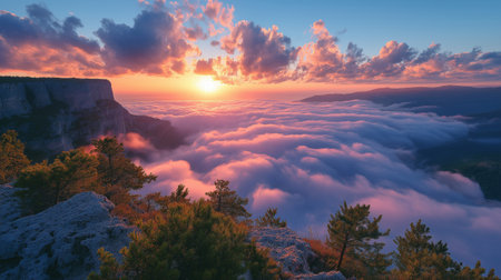 Sunrise over the sea of clouds. Crimea, Ukraine, Europe.の素材