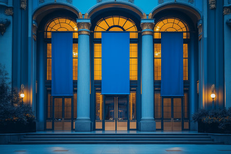 Blue and yellow windows on the facade of an old building with columnsの素材