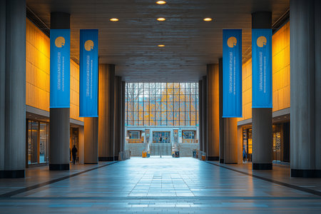 Interior of a modern building with blue and yellow banners. 3D renderingの素材