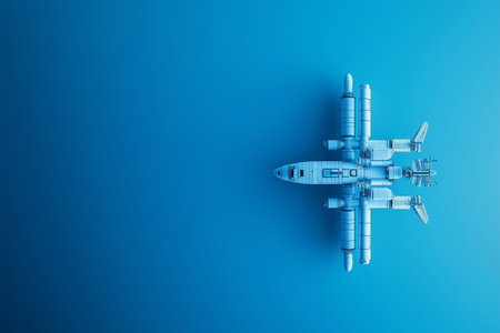 Space ship model on blue background. 3d illustration. Top view.の素材