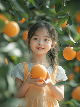 Beautiful asian little girl with orange fruit in the garden.の素材