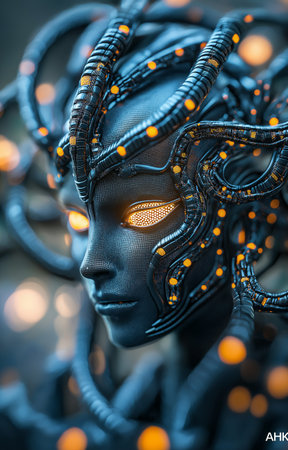 3d rendering of a female robot head with glowing neon lights.の素材