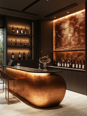 Interior of a luxury bar with a golden bar counter. 3d renderingの素材