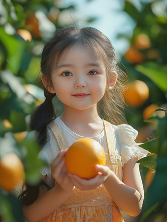 Cute asian little girl holding orange fruit in the garden.の素材