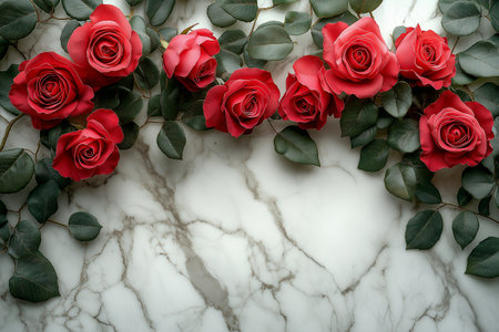 Red roses on white marble background. Flat lay, top view.の素材