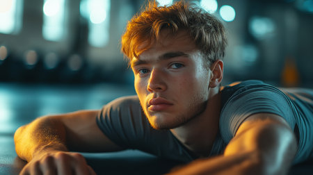 Portrait of a young man doing push-ups at the gymの素材