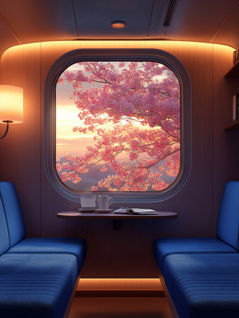 View from the window of the train with a beautiful cherry blossom treeの素材