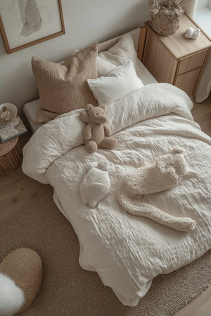 White bed with pillows and teddy bear in child's bedroomの素材