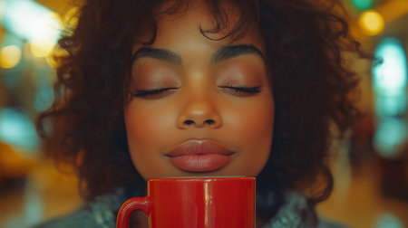 Close up portrait of beautiful african american woman with cup of coffeeの素材