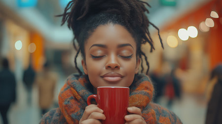 Beautiful young african american woman with cup of coffee in the city.の素材