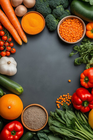Healthy food background. Top view of fresh vegetables and legumes on grey backgroundの素材