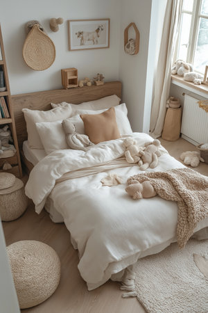 Cozy bedroom interior with white linens on the bed, pillows on the bedside table, bookcase and wicker basket.の素材