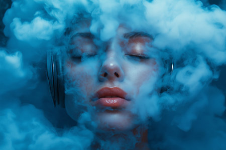 beautiful girl in headphones with closed eyes and blue smoke on dark backgroundの素材