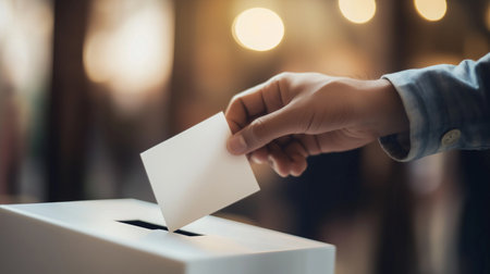 Close up of male hand putting voting card in the ballot box.の素材