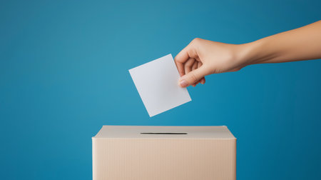 Closeup of female hand putting voting card into a ballot box on blue backgroundの素材