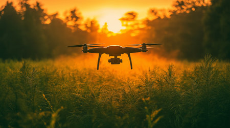 Quadcopter drone flying in the field at sunset or sunrise.の素材