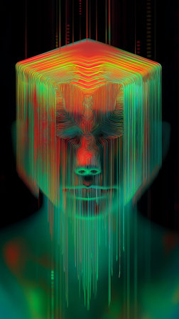 Digital Illustration of a Female Face Surrounded by Colorful Lightsの素材