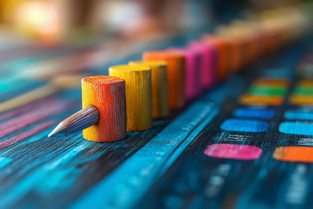 Colored pencils on a wooden table. Selective focus.の素材