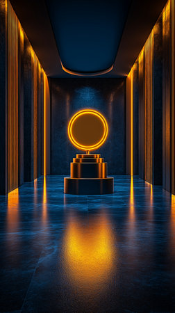 Abstract dark corridor with neon lights and podium. 3D Renderingの素材