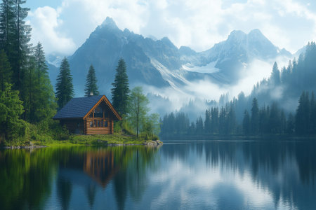 Mountain lake with wooden house in the middle of forest and fog.の素材