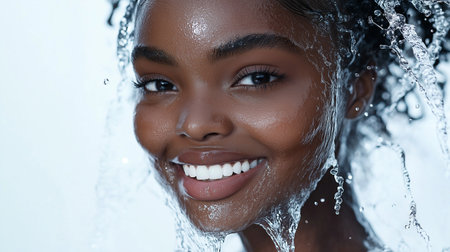 smiling african american woman taking shower, isolated on whiteの素材
