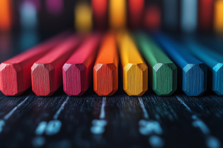 Colorful crayons on a wooden table. Close up.の素材
