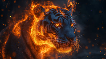 Portrait of a tiger with fire on the background. 3d renderingの素材