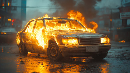 Burning car in the city. Fire in the car. Burning car.の素材