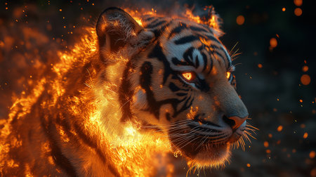 Close-up portrait of a tiger with fire in the background.の素材