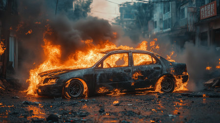 Burning car in the city. Burning car in the city.の素材