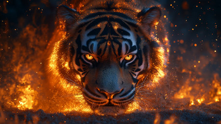 Close-up portrait of a tiger in the flames of a fireの素材