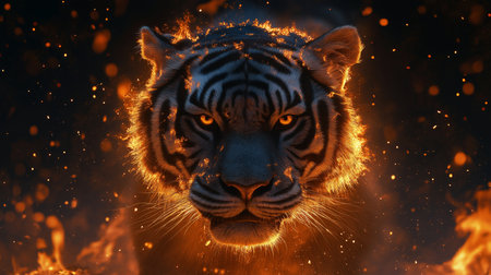 Tiger in the fire. 3D illustration. Fire effect.の素材