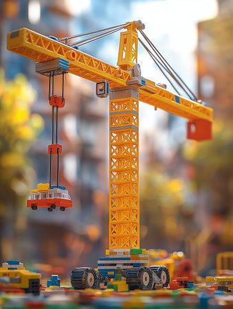 3d illustration of construction cranes on the background of the cityの素材
