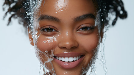smiling african american woman with water splash isolated on greyの素材