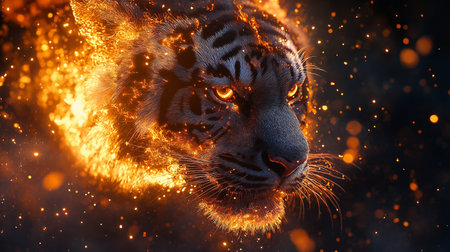 Portrait of a beautiful tiger with fire effect. 3d renderingの素材