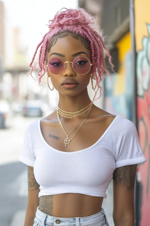 Beautiful african american girl with pink dreadlocks in the cityの素材
