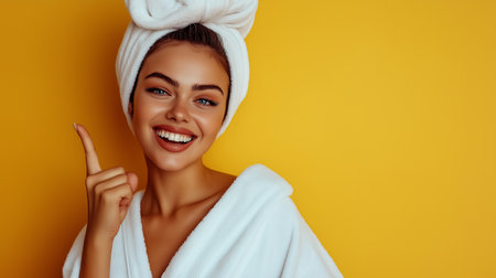 Cheerful Woman in Towel Showing Finger Up. Portrait Of Happy Smiling Girl In Bath Towel Touching Her Face. High Resolutionの素材