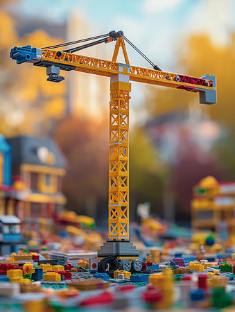 Toy construction cranes on the background of the city. 3d renderの素材