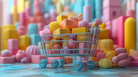 Shopping cart full of colorful plastic blocks. 3d illustration.の素材