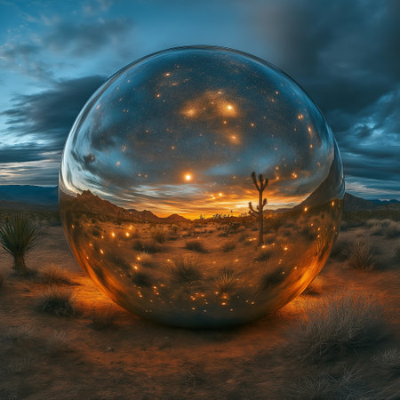 3D rendering of a crystal ball with a desert landscape in the backgroundの素材