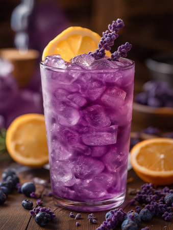 Lavender lemonade with ice in a glass on a wooden backgroundの素材