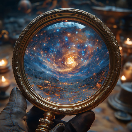Magnifying glass in the hands of a girl with a cosmic background.の素材